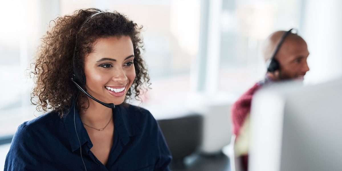 Computer, virtual assistant or African woman in call centre, telecom or tech support for customer care. Consultant, telemarketing or happy inbound agent in agency with loan advice, help or headset